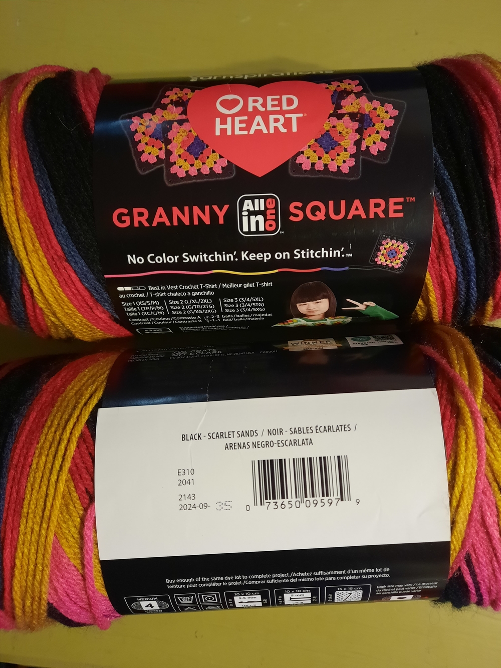 2 Skeins Red Heart Granny Square All in One Yarn - Black & Scarlet Sands